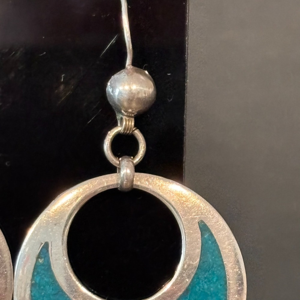 Vintage Signed Taxco Mexico Sterling SIlver Turquoise Inlaid Dangle Earrings - Picture 3 of 8